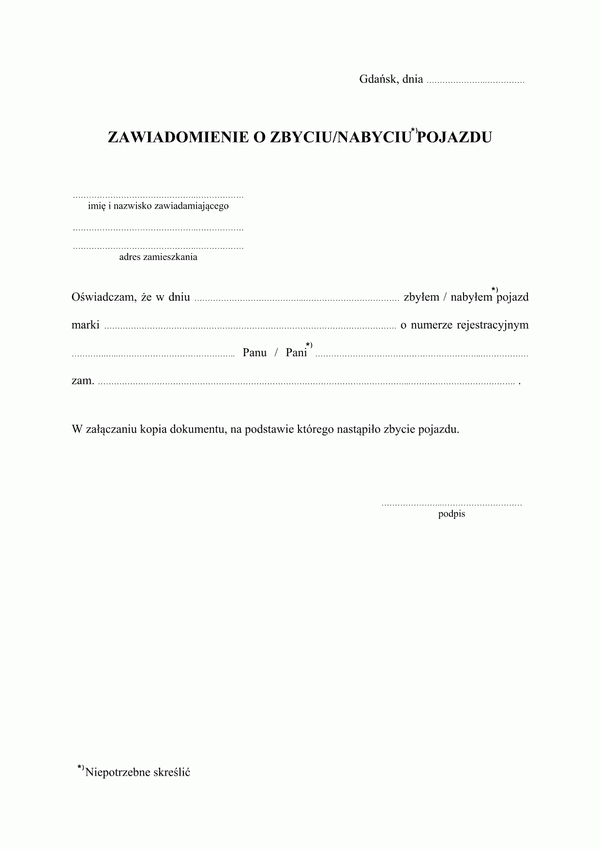 ZZP-G (archiwalny) Zawiadomienie o zbyciu/nabyciu pojazdu Gdańsk