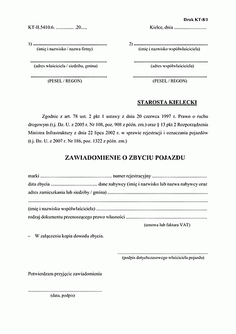 ZZP-K Zawiadomienie o zbyciu pojazdu Kielce