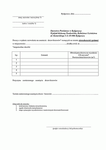 WWD-B Wniosek o wydanie zezwolenia na usunięcie drzew krzewów Bydgoszcz