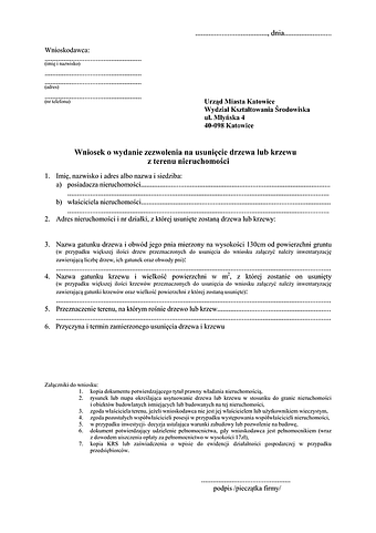 WWD-Kat Wniosek o wydanie zezwolenia na usunięcie drzewa lub krzewu z terenu nieruchomości Katowice