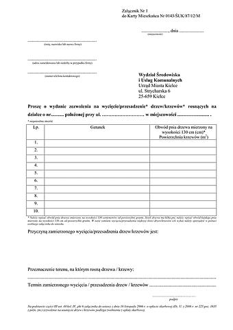 WWD-K Wniosek o wydanie zezwolenia na wycięcie/przesadzenie drzew/krzewów Kielce