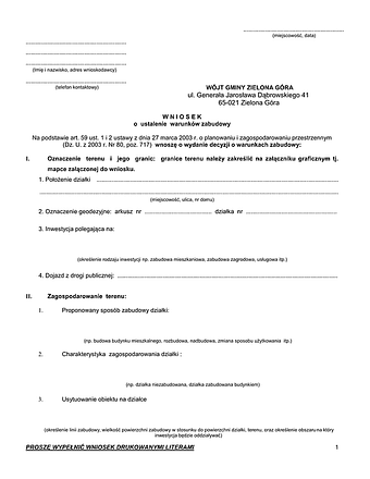 WUWZ-ZG Wniosek o ustalenie warunków zabudowy Zielona Góra