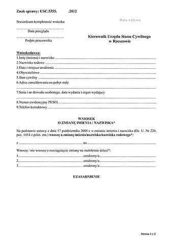 WZIN-Rz(OP) Wniosek o zmianę imienia i nazwiska Rzeszów (osoba pełnoletnia)