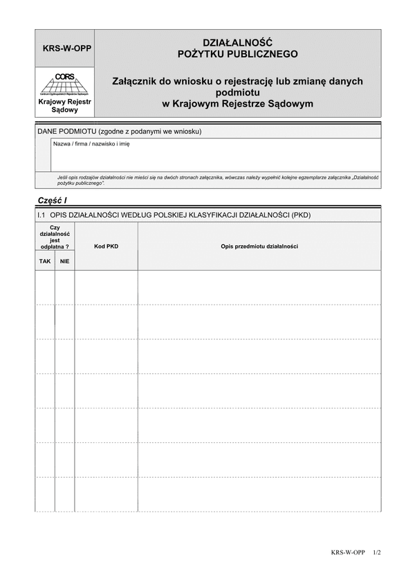 KRS-W-OPP (archiwalny) Działalność pożytku publicznego - załącznik do wniosku o rejestrację lub zmianę danych podmiotu w Krajowym Rejestrze Sądowym