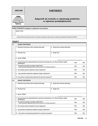 KRS-WD Partnerzy - załącznik do wniosku o rejestrację podmiotu w rejestrze przedsiębiorców