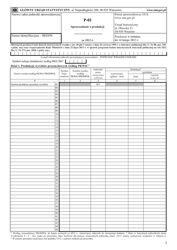 GUS P-01 (2012) (archiwalny) Sprawozdanie o produkcji za  2012 rok