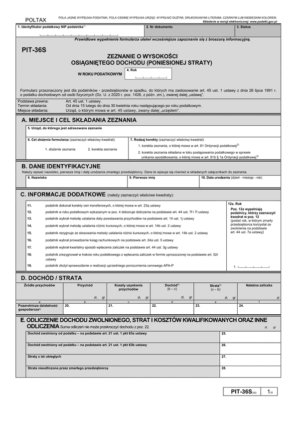 PIT-36S (28) (archiwalny) (2020) Zeznanie o wysokości osiągniętego dochodu (poniesionej straty)