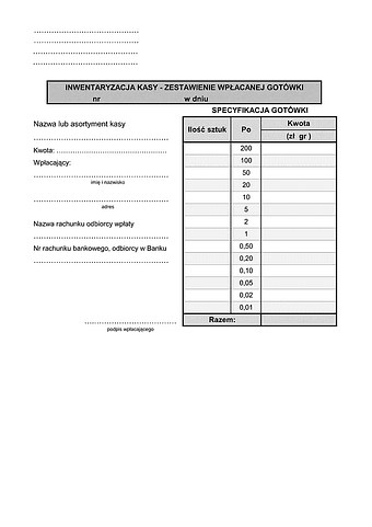 IKZ Inwentaryzacja kasy - zestawienie wpłacanej gotówki