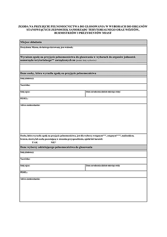 ZPPdGwW-JST Zgoda na przyjęcie pełnomocnictwa do głosowania w wyborach do organów stanowiących jednostek samorządu terytorialnego oraz wójtów, burmistrzów i prezydentów miast