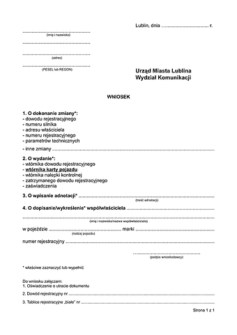WoWWT-L Wniosek o dokonanie zmiany/wymiany wtórnika/wpisanie adnotacji/dopisanie wykreślenie współwaściciela Lublin