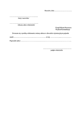 WZDR-Rz (a)  Wniosek o zmianę adresu w dowodzie rejestracyjnym Rzeszów 