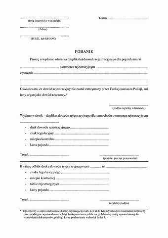 WoWDT-T Wniosek o wydanie wtórnika dowodu rejestracyjnego Toruń