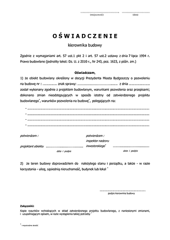 OKBZRZ-B(P) Oświadczenie kierownika budowy o zakończeniu robót budowlanych ze zmianami nieodstępującymi w sposób istotny od zatwierdzonego projektu Bydgoszcz