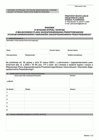 WoWW-L Wniosek o wydanie wypisu i wyrysu z miejscowego planu zagospodarowania przestrzennego / ze studium uwarunkowań i kierunków zagospodarowania przestrzennego Lublin