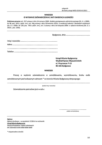 WoWZZ-B Wniosek o wydanie zaświadczenia o zameldowaniu, wymeldowaniu lub braku osób zameldowanych pod wskazanym adresem Bydgoszcz