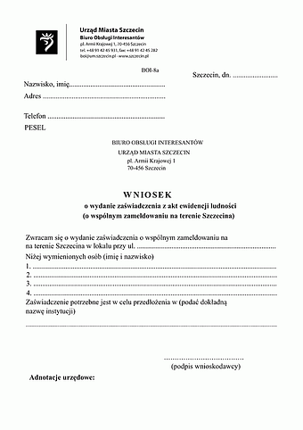 WoWZZ-Sz (wspol) Wniosek o wydanie zaświadczenia o wspólnym zameldowaniu na terenie miasta Szczecin