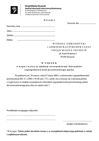 WoWW-Sz Wniosek o wypis i wyrys ze studium uwarunkowań i kierunków zagospodarowania przestrzennego gminy Szczecin