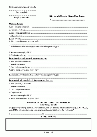 WZIN (OM) Wniosek o zmianę imienia, nazwiska lub nazwiska rodowego małoletniego dziecka