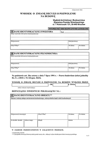 WoZDPB-pWr Wniosek o zmianę decyzji o pozwoleniu na budowę powiat Wrocław