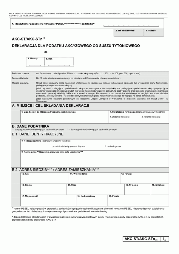 AKC-ST/AKC-STn (1) (od I 2013) (archiwalny) Deklaracja dla podatku akcyzowego od suszu tytoniowego