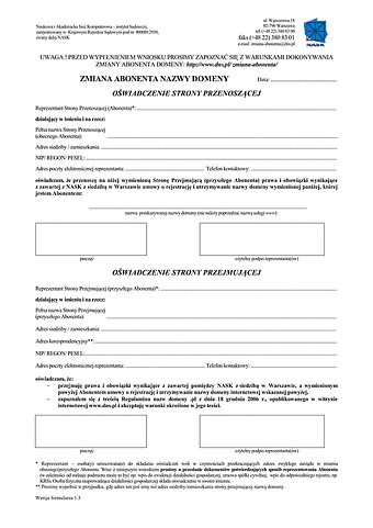 ZAND Zmiana abonenta nazwy domeny