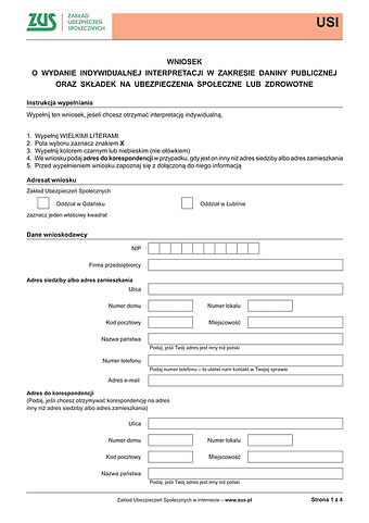 ZUS USI Wniosek o wydanie indywidualnej interpretacji w zakresie daniny publicznej oraz składek na ubezpieczenia społeczne lub zdrowotne - z wysyłką do PUE ZUS
