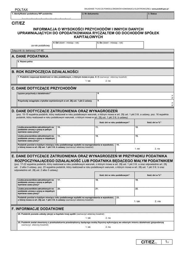 CIT/EZ (1) (archiwalny) Informacja o wysokości przychodów i innych danych uprawniających do opodatkowania ryczałtem spółek kapitałowych