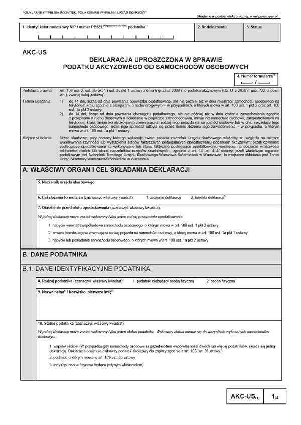 AKC-US (1) (archiwalny) Deklaracja uproszczona w sprawie podatku akcyzowego od samochodów osobowych