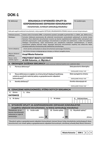 DOK-1 Kat Deklaracja o wysokości opłaty za gospodarowanie odpadami komunalnymi - Katowice