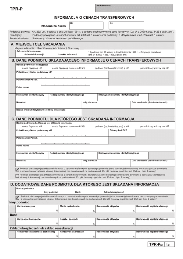 TPR-P  (archiwalny) Informacja o cenach transferowych - podmiot zawierał PRZYNAJMNIEJ JEDNĄ TRANSAKCJĘ kontrolowaną niekorzystającą ze zwolnienia z obowiązku sporządzenia lokalnej dokumentacji cen transferowych