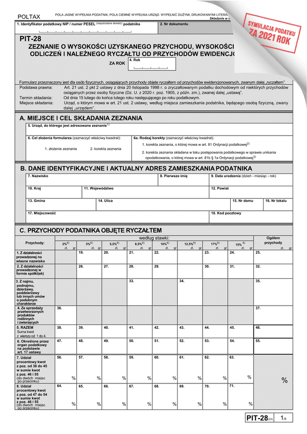 PIT-28 (23) (archiwalny) (2021 symulator) Zeznanie o wysokości uzyskanego przychodu, wysokości dokonanych odliczeń i należnego ryczałtu od przychodów ewidencjonowanych