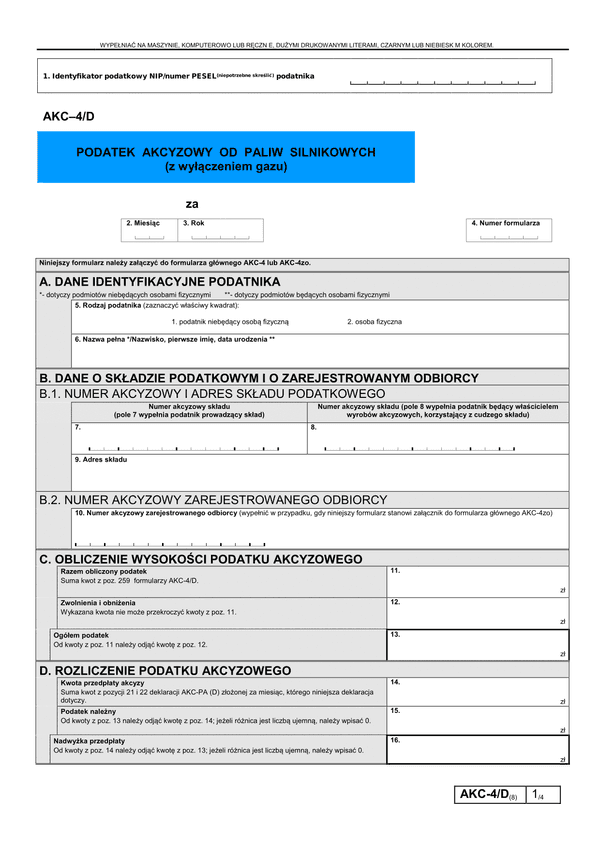 AKC-4/D (8) (archiwalny) Podatek akcyzowy od paliw silnikowych (z wyłączeniem gazu)