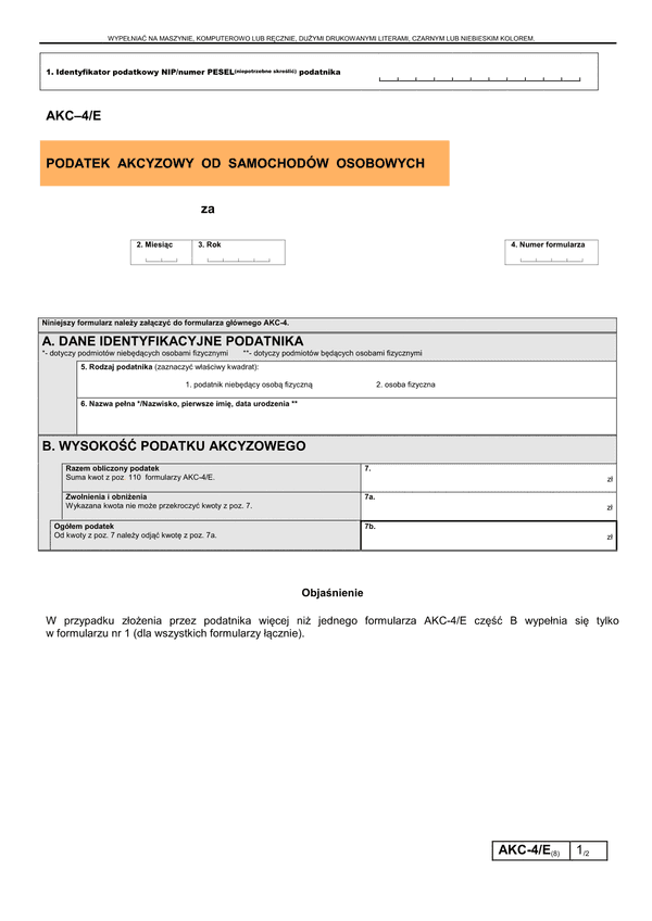 AKC–4/E (8) (archiwalny) Podatek akcyzowy od samochodów osobowych