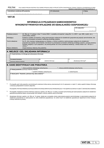 VAT-26 (2) Informacja o pojazdach samochodowych wykorzystywanych wyłącznie do działalności gospodarczej