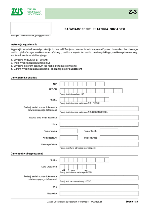 ZUS Z-3 (archiwalny) Zaświadczenie płatnika składek - wersja papierowa