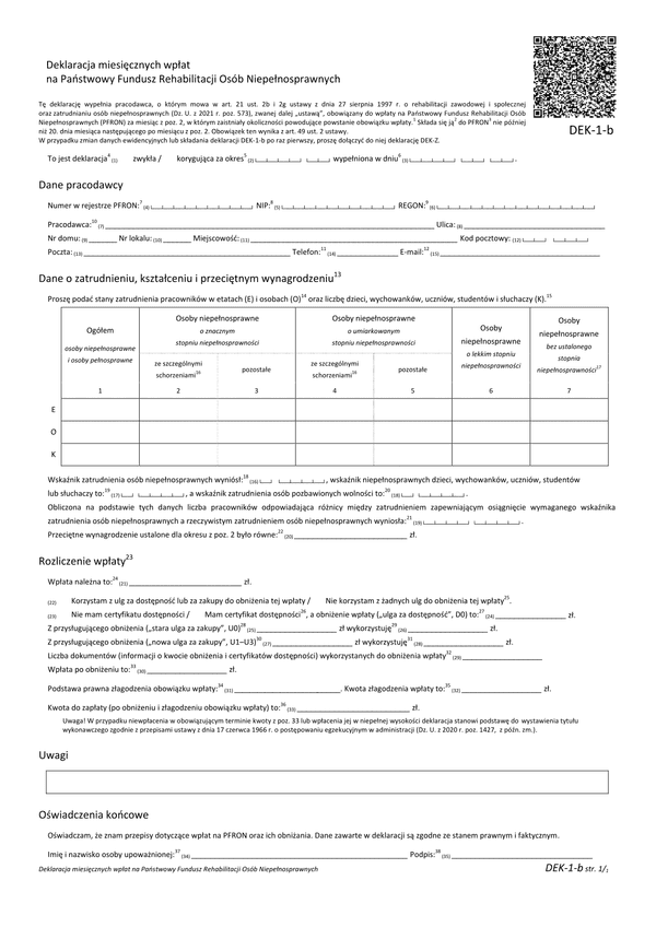 PFRON DEK-1-b (archiwalny) Deklaracja miesięcznych wpłat na Państwowy Fundusz Rehabilitacji Osób Niepełnosprawnych