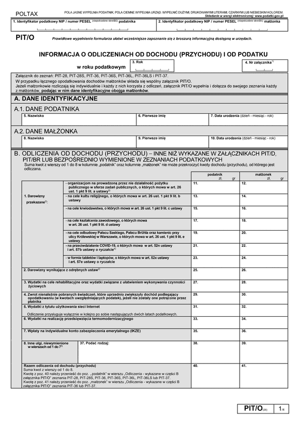 PIT/O (26) (archiwalny) (2021) Informacja o odliczeniach od dochodu (przychodu) i od podatku w roku podatkowym
