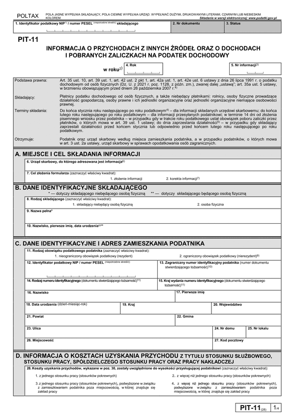 PIT-11 (28) (archiwalny) (2022) Informacja o dochodach, pobranych zaliczkach na podatek dochodowy, wypłaconym stypendium oraz przychodach z innych źródeł  (PIT-11 / PIT-11Z) 
