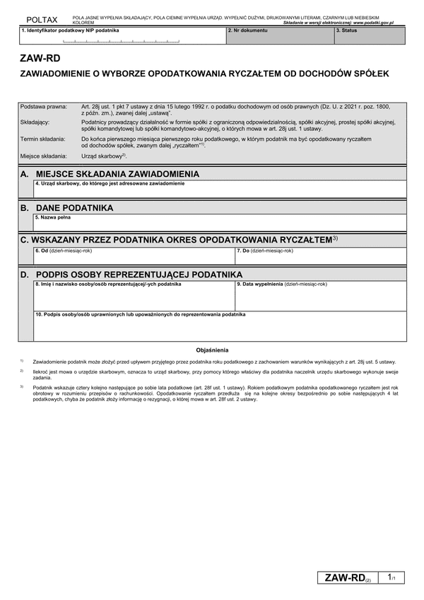 ZAW-RD (2) (2022-2024) Zawiadomienie o wyborze opodatkowania ryczałtem od dochodów spółek kapitałowych