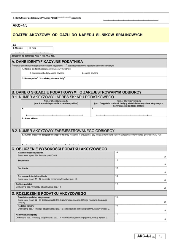 AKC-4/J (8) Podatek akcyzowy od gazu do napędu silników spalinowych 