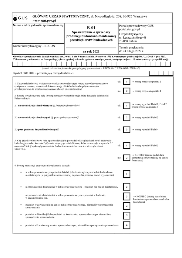 GUS B-01 (2021) (archiwalny) Sprawozdanie o sprzedaży produkcji budowlano-montażowej przedsiębiorstw budowlanych za rok 2021