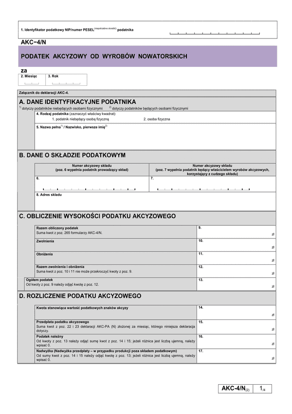 AKC-4/N (2) Podatek akcyzowy od wyrobów nowatorskich