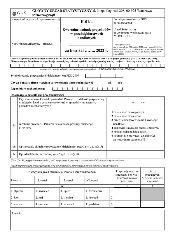 GUS H-01/k (archiwalny) (2022) Kwartalne badanie przychodów w przedsiębiorstwach handlowych