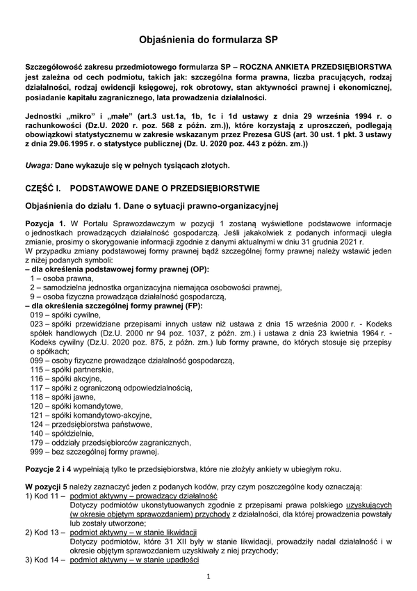 GUS SPo (2021) (archiwalny) Objaśnienia do formularza SP za rok 2021