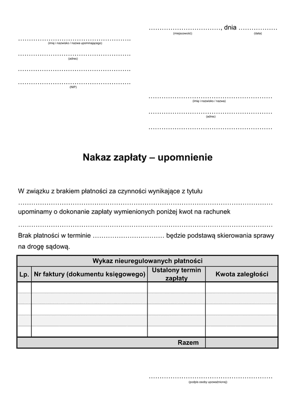 NZNF Nakaz zapłaty - upomnienie z powodu nieuregulowania faktury