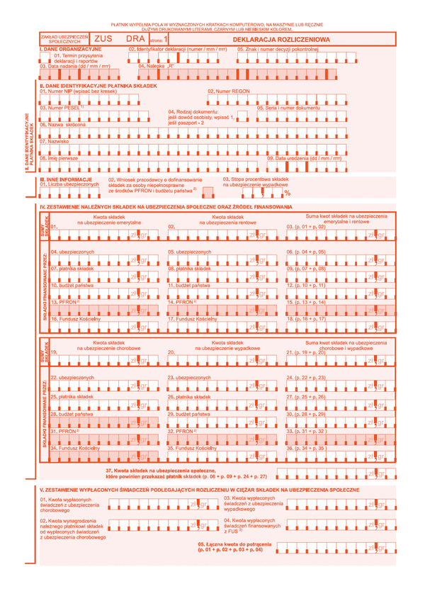 ZUS DRA  (archiwalny) Deklaracja rozliczeniowa - wersja papierowa