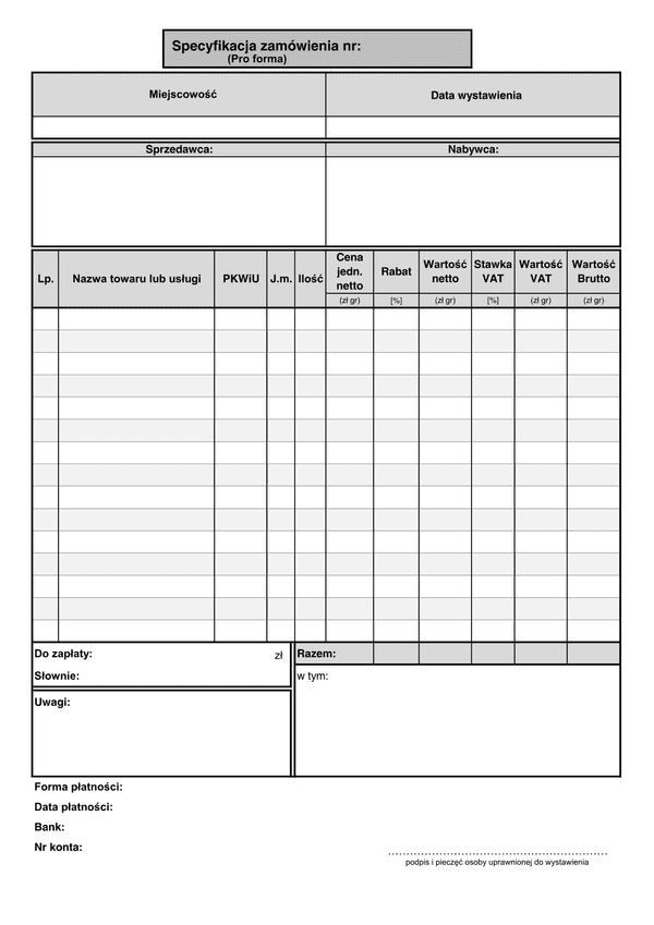 SZ (archiwalny) Specyfikacja zamówienia (Pro forma) - 15 pozycji