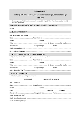 PB-2a Zgłoszenie budowy budynku mieszkalnego jednorodzinnego do 70m2