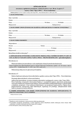 OIoSP Oświadczenie inwestora o spełnieniu przesłanek, o których mowa w art. 30 ust. 2a pkt 6 i 7 ustawy z dnia 7 lipca 1994 r. – Prawo budowlane