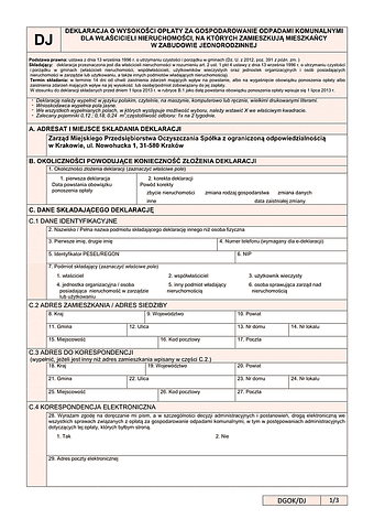 DJ Deklaracja o wysokości opłaty za gospodarowanie odpadami komunalnymi w zabudowie jednorodzinnej - Kraków